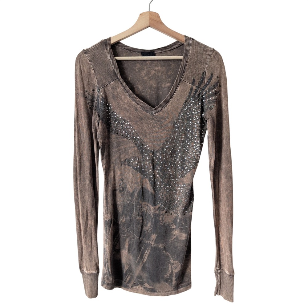 Y2K Womens Brown Acid Wash Rhinestone Eagle Top Small Moto Grunge Baddie Rocker